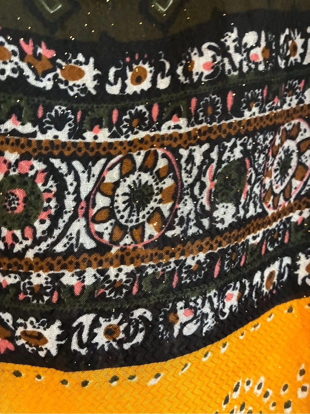 Olive Green & Mustard Printed Tassel Scarf Dupatta Shawl